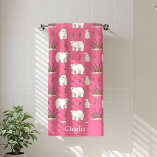 Personalized Pink Polar Bear Kids Beach Towel