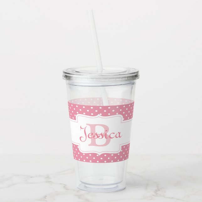 Personalized Pink Polka Dot Acrylic Tumbler (Left)