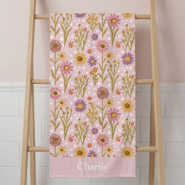 Personalized Pink Polka Dot Flower Kids Bath Towel (Creator Uploaded)