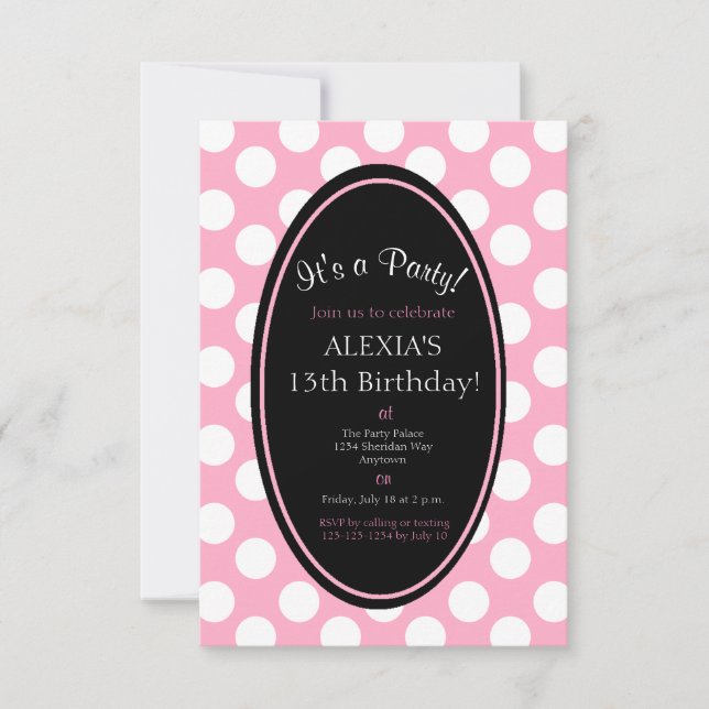Personalized Pink Polka Dot Party Invitation (Front)