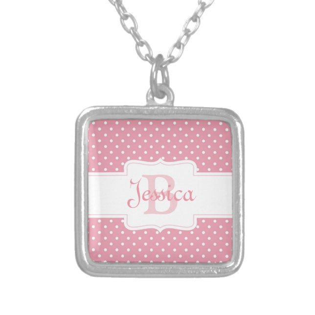Personalized Pink Polka Dot Silver Plated Necklace (Front)
