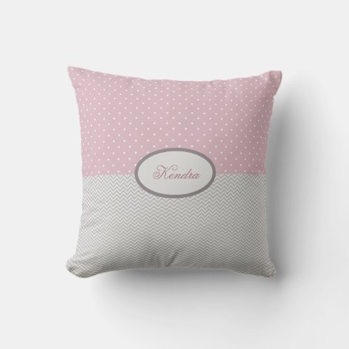 Personalized Pink Polka Dots And Grey Chevrons Throw Pillow
