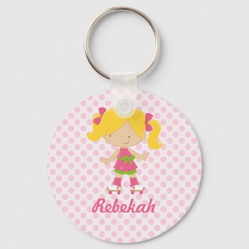 Personalized Pink Polka Dots Blonde Roller Skating Keychain