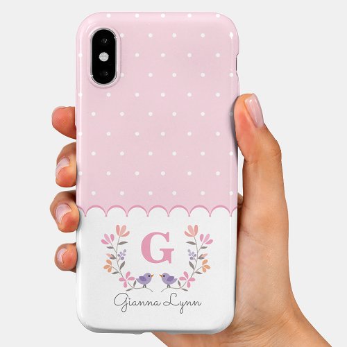 Personalized Pink Polka Dots Floral Monogram Case_Mate iPhone 14 Case