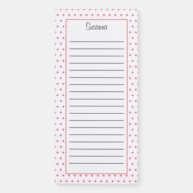 Personalized Pink Polka Dots Lined  Magnetic Notepad (Front)