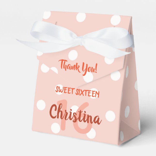 Personalized Pink Polka Dots Sweet 16 Favor Boxes (Front Side)