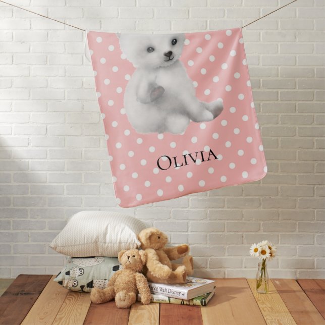 Personalized Pink Polkadot Polar Bear Baby Blanket (In Situ)