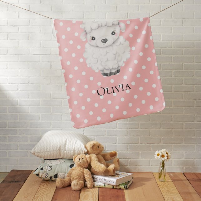 Personalized Pink Polkadot Sheep Baby Baby Blanket (In Situ)