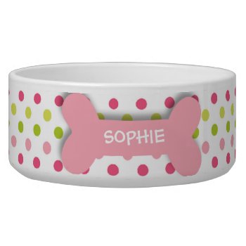 Personalized Pink Polkadots Dog Bone Pet Food Bowl by Jamene_Clothing at Zazzle