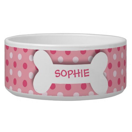 Personalized Pink Polkadots Dog Bone Pet Food Bowl