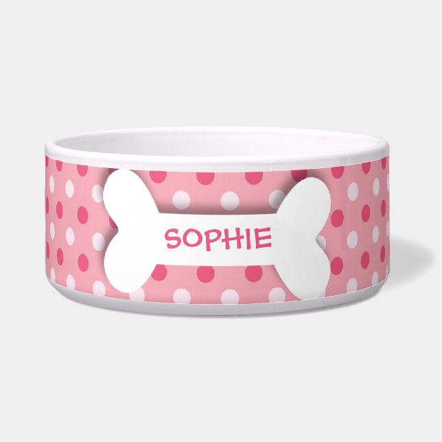 Personalized pink polkadots dog bone pet food bowl (Front)
