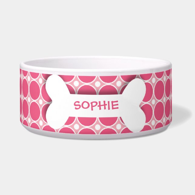 Personalized pink polkadots dog bone pet food bowl (Front)
