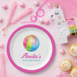 Personalized Pink Pool Party Paper Plates