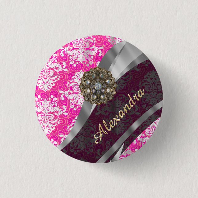 Personalized pink pretty girly damask pattern button (Front)