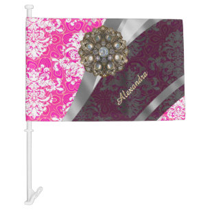 Personalized pink pretty girly damask pattern car flag