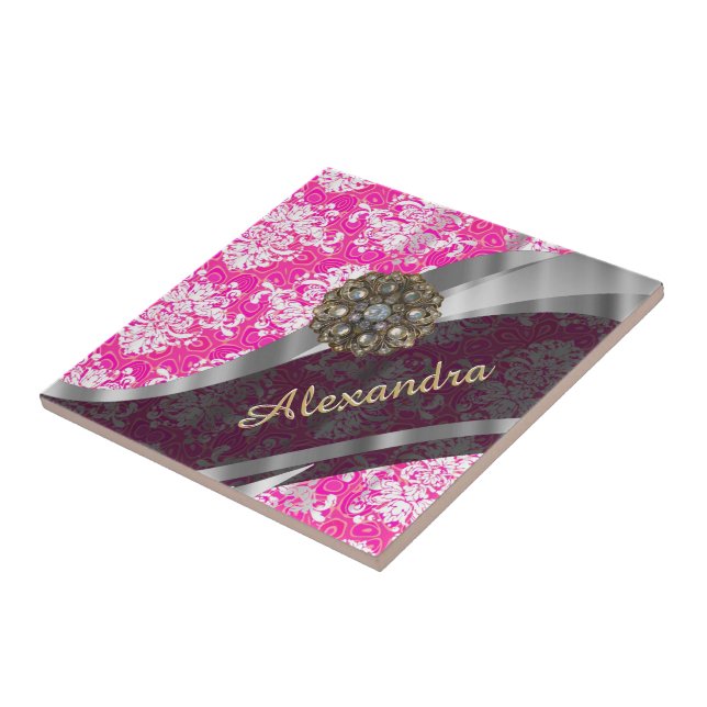Personalized pink pretty girly damask pattern ceramic tile (Side)