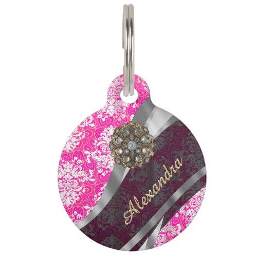 Personalized pink pretty girly damask pattern pet name tag