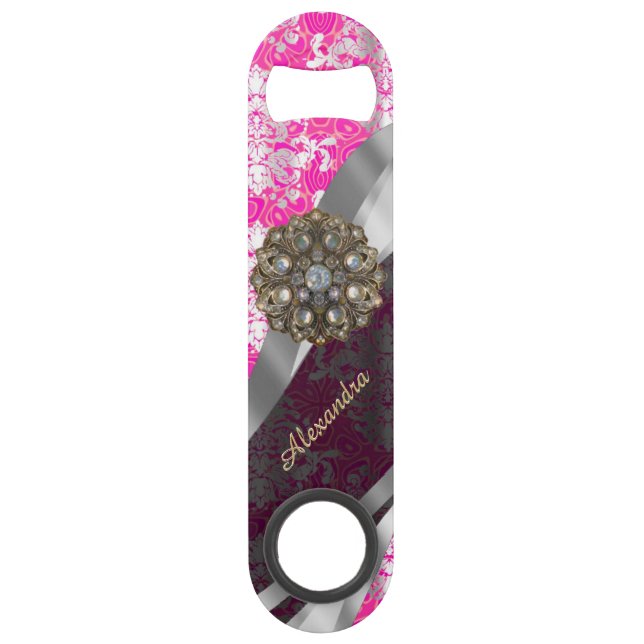 Personalized pink pretty girly damask pattern speed bottle opener (Front)