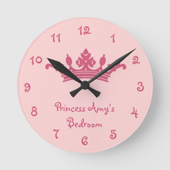 Personalized Pink Princess Girl's Bedroom Round Clock (Front)