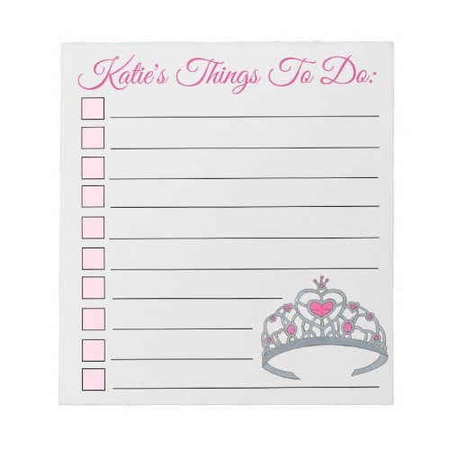 Personalized Pink Princess Tiara Things To Do List Notepad