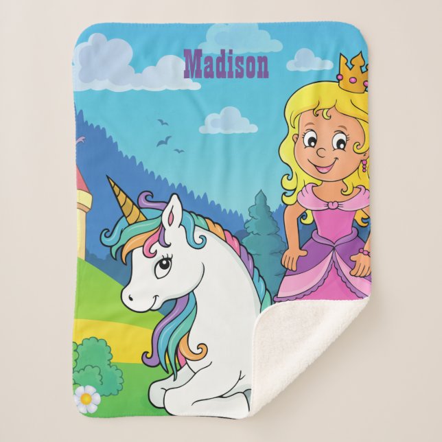 Personalized Pink Princess Unicorn Sherpa Blanket (Front)