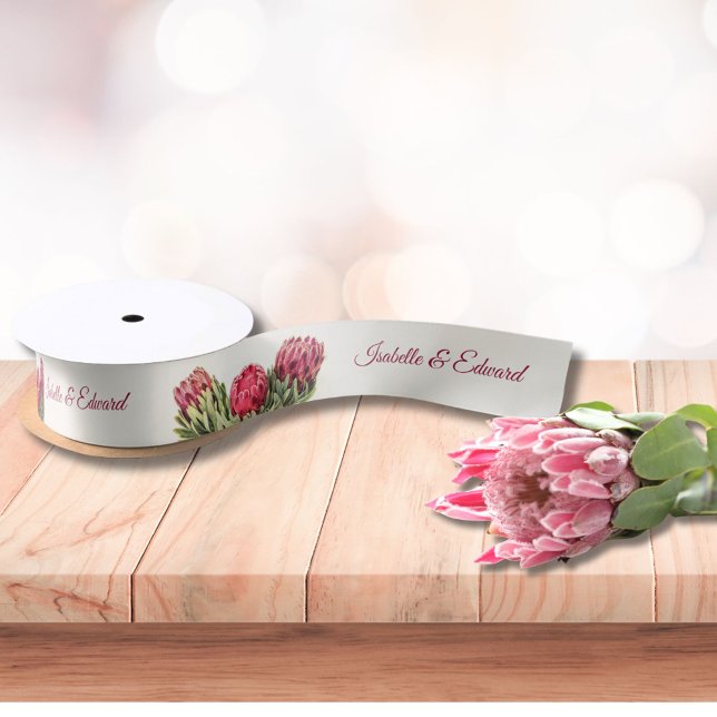 Personalized Pink Protea Floral Wedding Favor Sati Satin Ribbon (Creator Uploaded)