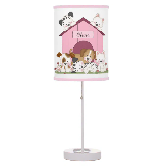 Personalized Pink Puppy Dog Kids Girl, Nursery Table Lamp Girl