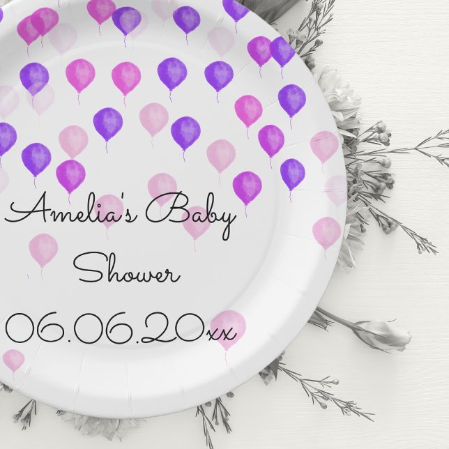Personalized Pink Purple Balloon Baby Shower Paper Plates (Creator Uploaded)