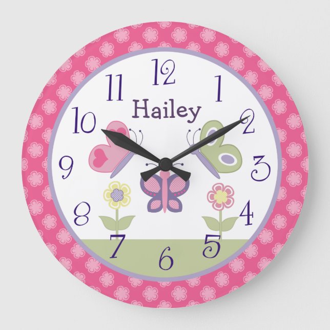 Personalized Pink & Purple Butterfly Nursery Clock (Front)