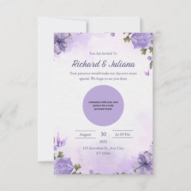 Personalized Pink & Purple Floral Photo Wedding  Invitation (Front)