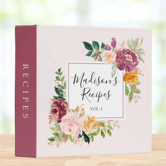 Personalized Pink Purple Flowers Floral Recipe 3 Ring Binder (In situ)