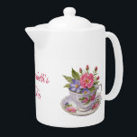 Personalized Pink Purple Flowers Tea Cup Teapot<br><div class="desc">Pretty pink and purple flowers in a teacup on this teapot. Personalized it with your saying.  Makes a great gift for the tea lover/drinker in your life.</div>