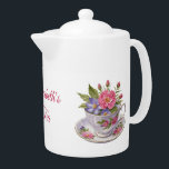 Personalized Pink Purple Flowers Tea Cup Teapot<br><div class="desc">Pretty pink and purple flowers in a teacup on this teapot. Personalized it with your saying.  Makes a great gift for the tea lover/drinker in your life.</div>
