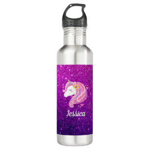 Personalized Pink Purple Glitter Unicorn Face Stainless Steel Water Bottle