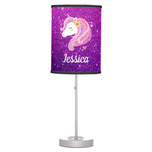 Personalized Pink Purple Glitter Unicorn Face Table Lamp