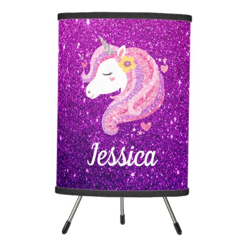 Personalized Pink Purple Glitter Unicorn Face Tripod Lamp