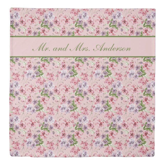 Personalized Pink Purple Green Floral Wedding Gift Duvet Cover (Front)