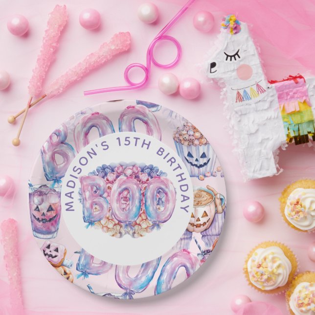 Personalized Pink Purple Halloween Boo Paper Plates (Party)