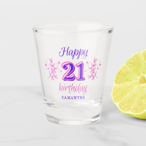 Personalized Pink Purple Happy 21st Birthday  Shot Glass