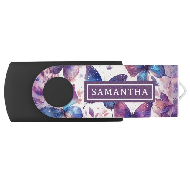 Personalized Pink Purple Watercolor Butterfly Flash Drive (Front)