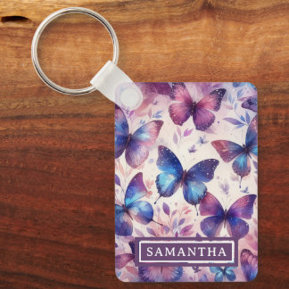Personalized Pink Purple Watercolor Butterfly Keychain
