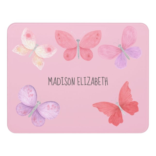 Personalized Pink Purple Yellow Butterflies Girls Door Sign (Contemporary Front)