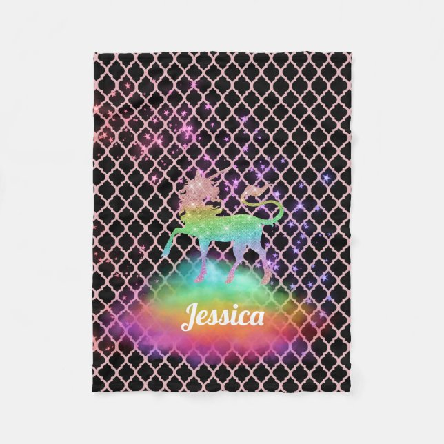 Personalized Pink Quatrefoil Rainbow Unicorn Fleece Blanket (Front)