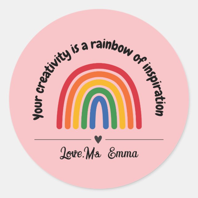 Personalized Pink rainbow heart teacher reward  Classic Round Sticker (Front)
