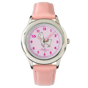 Personalized Pink Rainbow Llama Girls Learn Time Watch