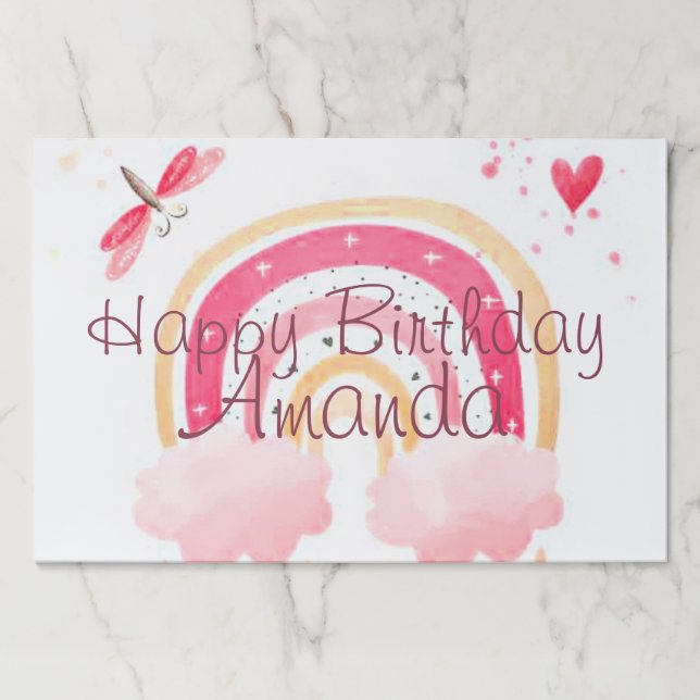Personalized pink rainbow paper placemats (Front)