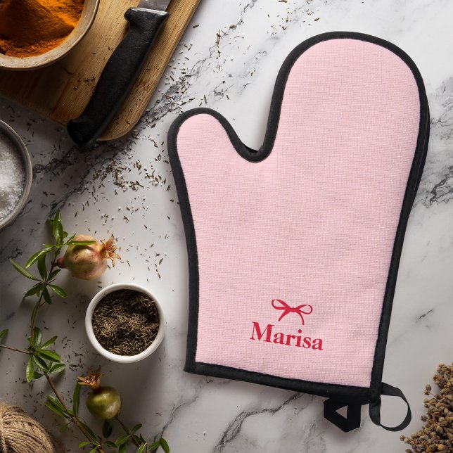 Personalized Pink & Red Bow Name Oven Mitt & Pot Holder Set (Creator Uploaded)