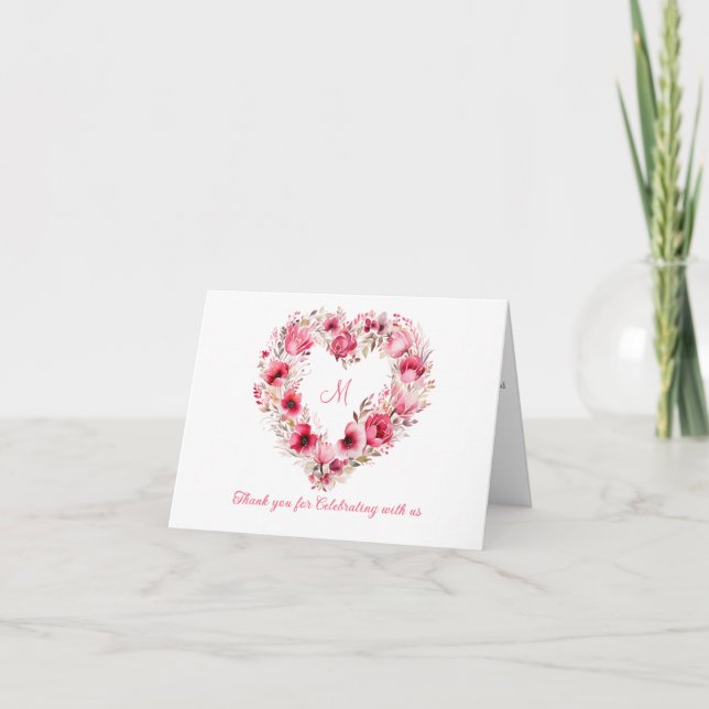 Personalized Pink Red Floral Heart Wedding Thank You Card (Front)
