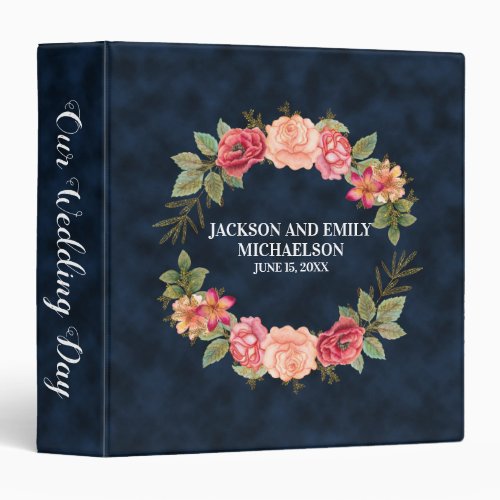 Personalized Pink Red Floral Navy Blue Wedding 3 Ring Binder