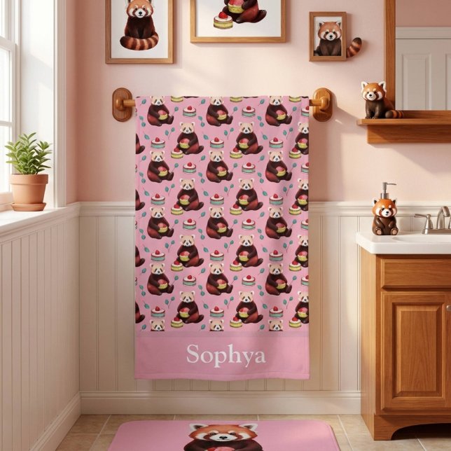 Personalized Pink Red Panda Kids Bath Towel (Creator Uploaded)